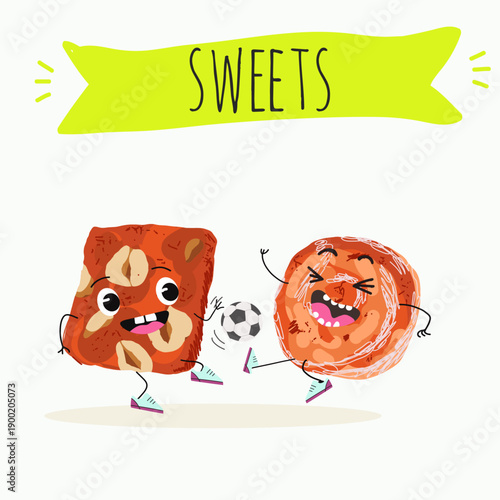 Funny Characters cezerye, carrot dessert, Turkish traditional food. Hand drawn vector illustration.