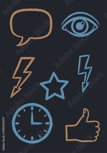 Hand-drawn vector icons set with textured speech bubble, eye, lightning bolts, star, clock, and thumbs up in a doodle sketch style on a dark background