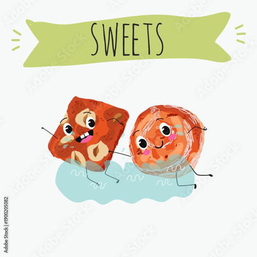 Funny Characters cezerye, carrot dessert, Turkish traditional food. Hand drawn vector illustration.