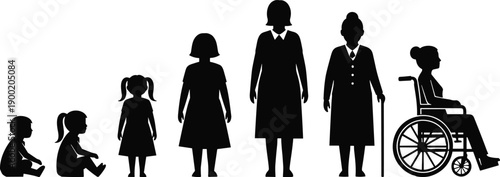 Female life stages silhouette from baby to elderly woman in wheelchair, aging process, growth and life cycle concept, isolated black vector illustration