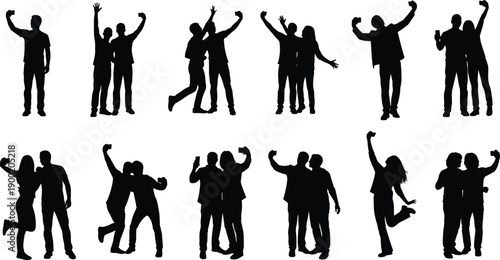 Happy people taking selfies silhouette collection, friends and couples celebrating moments with smartphones, joyful poses, social lifestyle, isolated black vector illustration