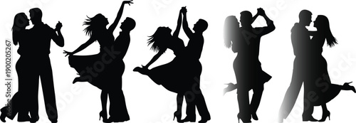 Romantic dancing couple silhouettes set with elegant ballroom and tango poses, passionate man and woman dance movements, isolated black vector illustration