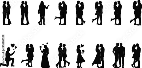 Romantic couple silhouettes collection with love, dating, proposal and affectionate poses, man and woman relationship moments, isolated black vector illustration