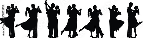 Romantic dancing couple silhouettes collection showing ballroom tango poses, elegant man and woman dance movements, isolated black vector illustration set