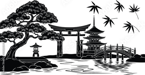 Traditional Japanese landscape silhouette with torii gate, pagoda, arched bridge and pine tree, serene Zen garden, black vector illustration