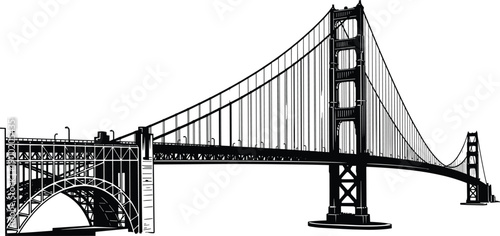 Golden Gate Bridge silhouette illustration with detailed suspension cables and towers, iconic San Francisco landmark, isolated black vector design
