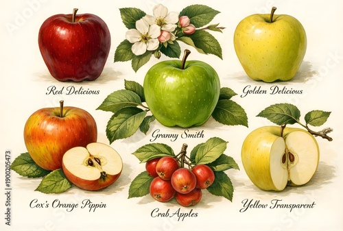 Vintage illustration with different types of apple fruit; vintage apple varieties names 