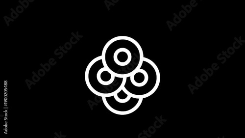 Abstract white concentric circles arranged in a cluster on a black background