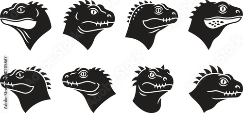 Collection of dinosaur head silhouettes in various expressions and angles showcasing different emotions and profiles