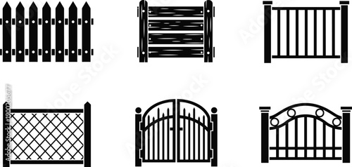 Black fence and gate silhouettes collection, wooden metal garden and yard fence designs isolated on white background