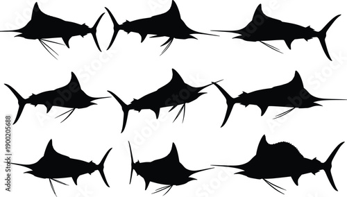 Silhouette of a school of sailfish swimming in formation showcasing their distinctive dorsal fins and pointed snouts in a dynamic motion silhouette