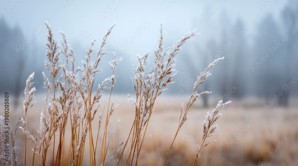 Fototapeta premium Frost-covered grasses swaying in a foggy meadow during a serene winter morning creating a tranquil and peaceful landscape scene