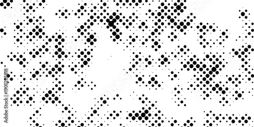 Abstract pop art halftone and seamless vintage distressed small dot background pattern, black and white abstract image displaying a dense randomized pattern of small circular dots across the design.
