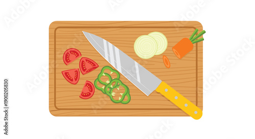 Sliced fresh vegetables including tomatoes, peppers, onions, and carrot next to a sharp knife on a wooden cutting board.