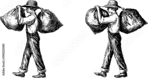 Vintage botanical engraving of labourer carrying load in traditional posture for design use