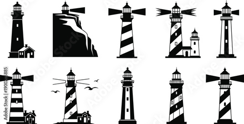 Lighthouse silhouette vector set with coastal maritime towers guiding ships nautical navigation ocean safety illustration isolated on white background
