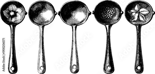 Vintage hand-drawn ladle utensil silhouettes with botanical designs for kitchen decor