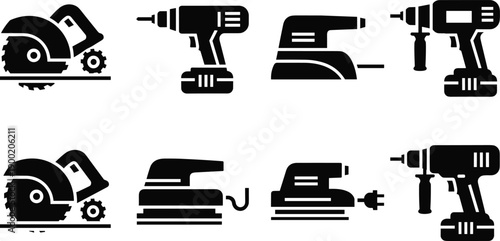 Black and white power tools silhouette icon set including drill sander circular saw for construction repair and DIY projects