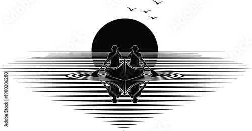 Minimalist black and white canoe illustration with mirrored paddlers sunset reflection calm water symmetry nature travel concept art silhouette lake