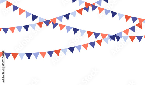 Minimal vector illustration of hanging bunting banners with triangular flags in blue, coral and white tones, arranged on a white background. Clean shapes and simple composition for festive or decorati