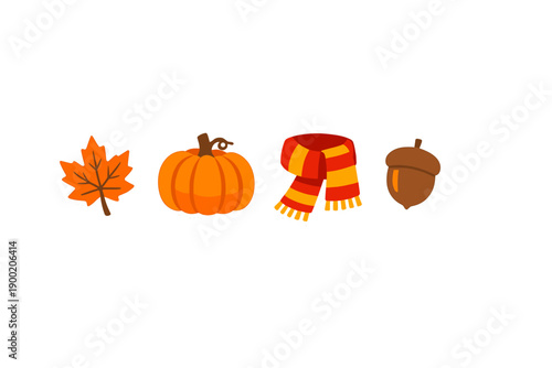 Fall season symbols with a leaf, pumpkin, scarf, and acorn shared in a simple arrangement on a white background
