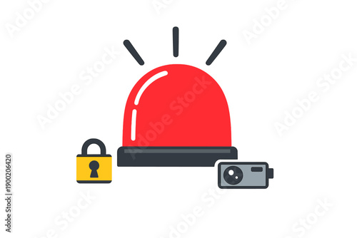 Red warning light, lock, and security camera placed together, showing focus on safety and security devices in use in a neighborhood setting for protection