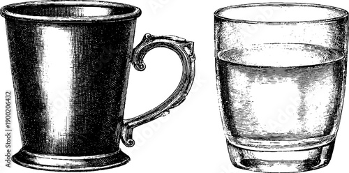 Vintage mug and glass comparison chart botanical engraving for design and decoration