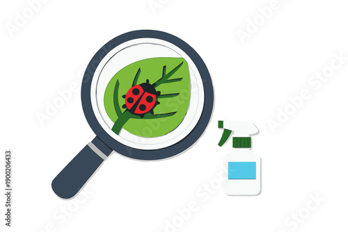 Exploring the role of ladybugs in gardens using a magnifying glass and pest control spray on leaves during the daytime