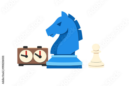 Chess pieces with a blue knight figure and a pawn beside a chess clock on a white background during a game session