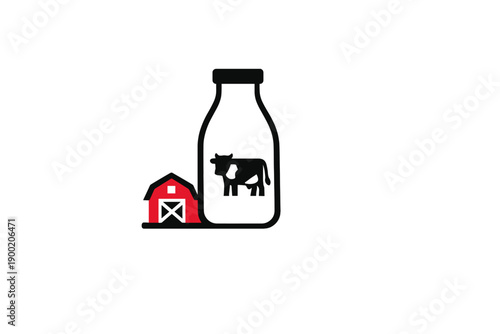 Milk bottle with a cow silhouette beside a barn in a simple graphic design