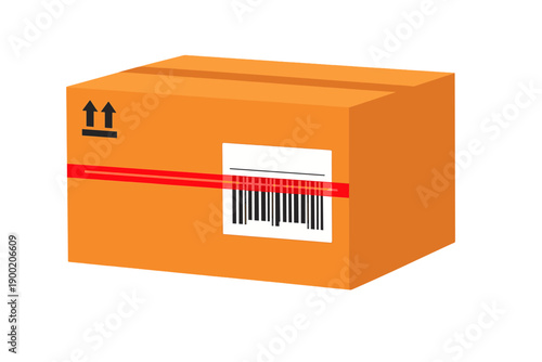 Delivery box with a barcode and shipping label ready for transport to its destination at a local warehouse on a busy weekday