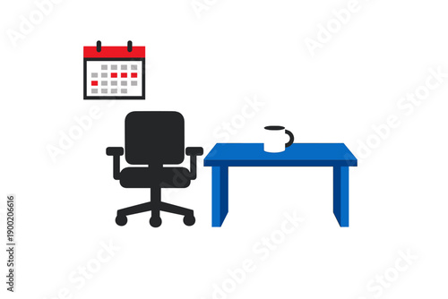 Workspace setup with an empty chair, table, calendar, and a coffee mug during a weekday morning