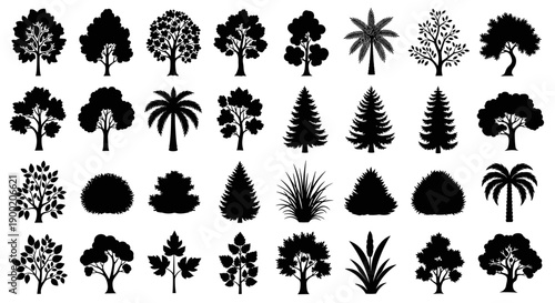 A comprehensive collection of diverse tree and plant silhouette illustrations, ideal for graphic design and nature-themed projects