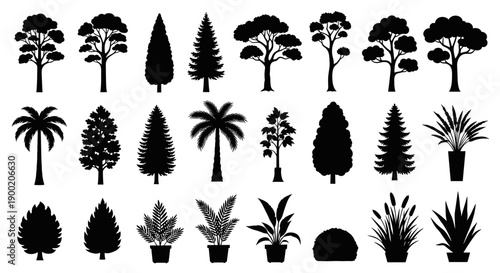 Collection of silhouetted trees and potted plants, showcasing diverse botanical forms in a minimalist, graphic style perfect for design elements