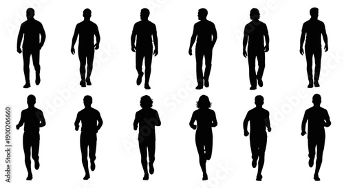 Collection of Silhouettes of People in Motion Walking and Running Poses for Design and Graphics