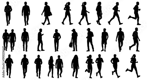 Dynamic array of diverse human silhouettes showcasing individuals in various active poses like walking, running, and standing, ideal for design elements