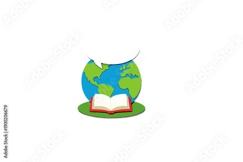 Creative design shows a globe and an open book with a speech bubble above, illustrating the theme of education and global knowledge sharing