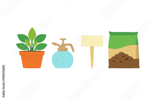 Gardening tools and supplies arranged on a plain background with a potted plant, a spray bottle, a blank plant label, and a bag of soil