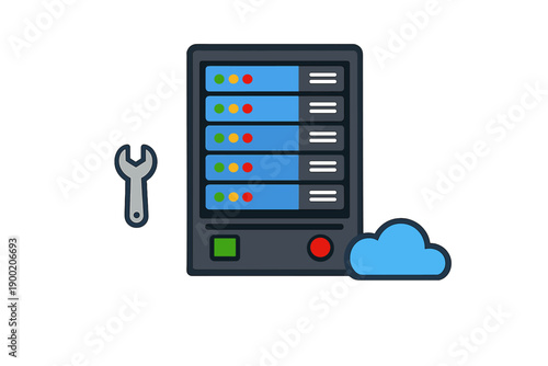 Server rack with maintenance tool and cloud icon during a routine check for network performance and server status