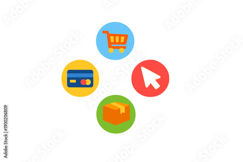 Digital icons represent online shopping elements like cart, payment, cursor, and package in a simple design for e-commerce activities