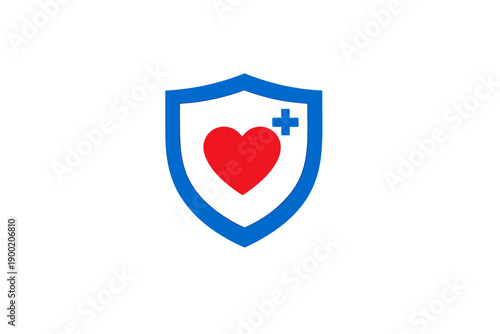 Graphic of a shield design that shows a heart symbol and a medical cross, representing health and protection in a simple style and bright colors