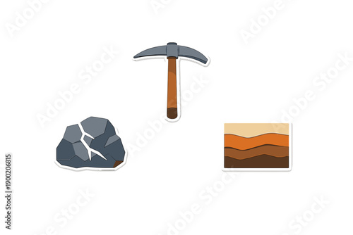 Tools for mining include a pickaxe, a rock, and a layer of soil showing different earth colors at a mining site during daytime