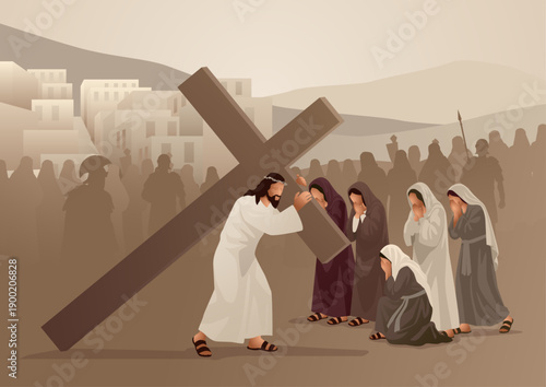 Biblical vector illustration series. Way of the Cross or Stations of the Cross, eighth station,The Women of Jerusalem Mourn for Jesus.