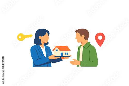 House key handover at a real estate meeting between a buyer and a seller in a modern office during the daytime