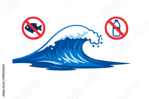 Wave graphic showing messages against fishing and plastic waste in ocean environments for promoting awareness of marine protection