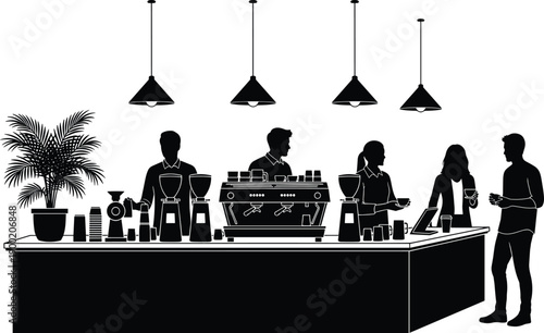 Modern coffee shop interior silhouette illustration, barista preparing espresso, people socializing at cafe counter, black and white vector design