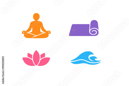 Colorful symbols of yoga practice and relaxation on a white background featuring a person meditating, a yoga mat, a lotus flower, and ocean waves