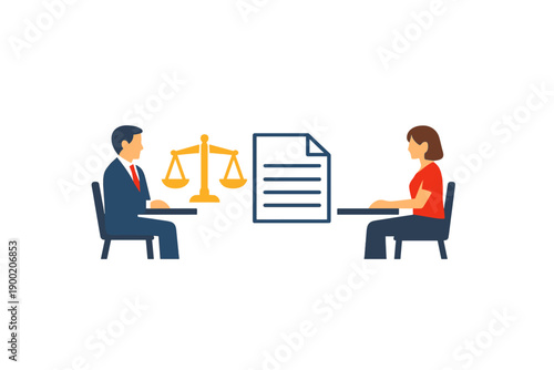 Lawyer and client discussing legal matters while sitting at a table with documents and a scale symbolizing justice in a professional setting