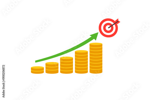 Growth in financial success shown by rising bars and target symbol with arrow pointing upward indicates clear objectives being met