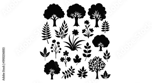 Elegant vector set showcasing a rich variety of botanical silhouettes sturdy trees, intricate leaves, blooming flowers, and lush plants, ideal for nature-inspired design work